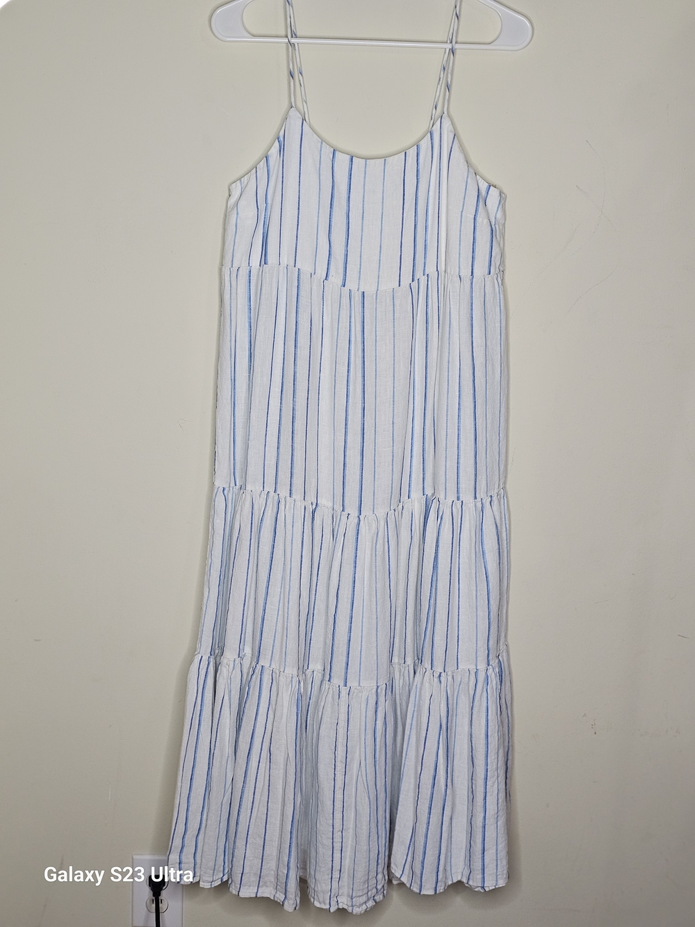 Madewell White and Blue Striped Smocked Midi Sundress 100% Linen